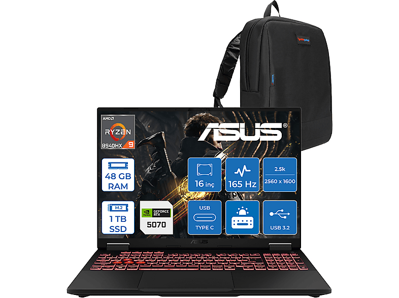 ASUS TUF A16 8GB RTX5070 115W 165Hz WQXGA 2.5K 400nits IPS WQT060F13 AMD Ryzen 9 8940HX 48 GB RAM 1 TB SSD 16 inç FreeDOS Laptop+Çanta Siyah