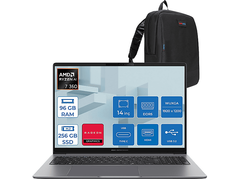 ASUS ExpertBook P3 PM3406CKA Radeon 860M PM3406CKAF26 AMD Ryzen 7 350 96 GB RAM 256 GB SSD 14 inç FreeDOS Laptop+Çanta Siyah