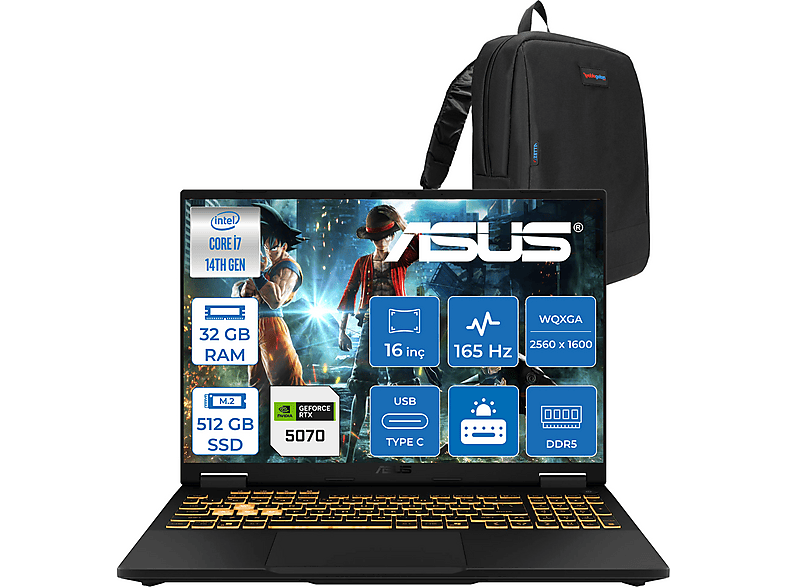 ASUS TUF F16 8GB RTX5070 115W 165Hz WQXGA 2.5K 400nits IPS WQT070F07 Intel Core i7-14650HX 32 GB RAM 512 GB SSD 16 inç FreeDOS Laptop+Çanta Siyah