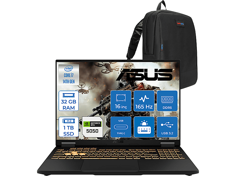 ASUS TUF F16 8GB RTX5050 115W 165Hz WUXGA FHD+ 300nits IPS WRV055F08 Intel Core i7-14650HX 32 GB RAM 1 TB SSD 16 inç FreeDOS Laptop+Çanta Siyah