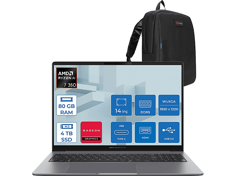 ASUS ExpertBook P3 PM3406CKA Radeon 860M PM3406CKAF25 AMD Ryzen 7 350 80 GB RAM 4 TB SSD 14 inç FreeDOS Laptop+Çanta Siyah
