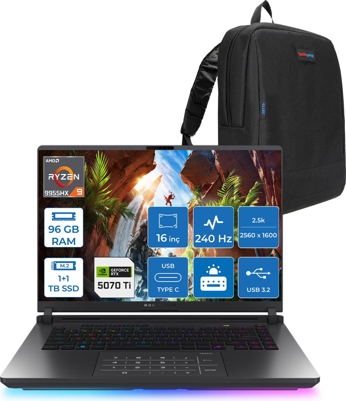 AMD Ryzen 9, 96 GB RAM, 1 TB SSD, RTX 5070 Ti oyun dizüstü bilgisayarı ve sırt çantası.