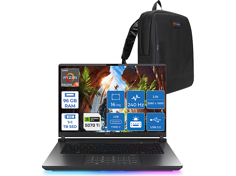 ASUS Rog Strix G16 12GB RTX5070Ti 2.5K 3ms 500nits WS5111F44 AMD Ryzen 9 9955HX 96 GB RAM 1 TB SSD 16 inç FreeDOS Laptop+Çanta Siyah