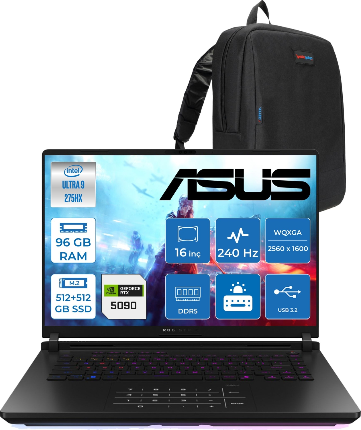 ASUS logolu siyah dizüstü bilgisayar, Intel Ultra 9, 96 GB RAM, 5090 RTX ve siyah sırt çantası.