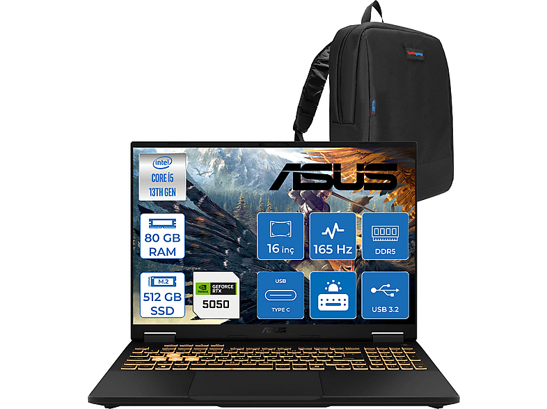 ASUS TUF F16 FX608JH 8GB RTX5050 115W 165Hz FHD+ IPS WRV082F22 Intel Core i5-13450HX 80 GB RAM 512 GB SSD 16 inç FreeDOS Laptop+Çanta Siyah