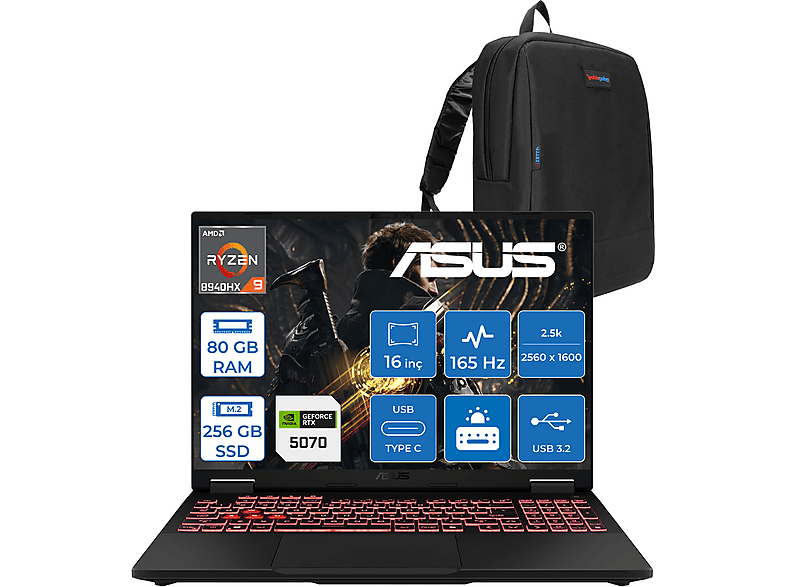ASUS TUF A16 8GB RTX5070 115W 165Hz WQXGA 2.5K 400nits IPS WQT060F21 AMD Ryzen 9 8940HX 80 GB RAM 256 GB SSD 16 inç FreeDOS Laptop+Çanta Siyah