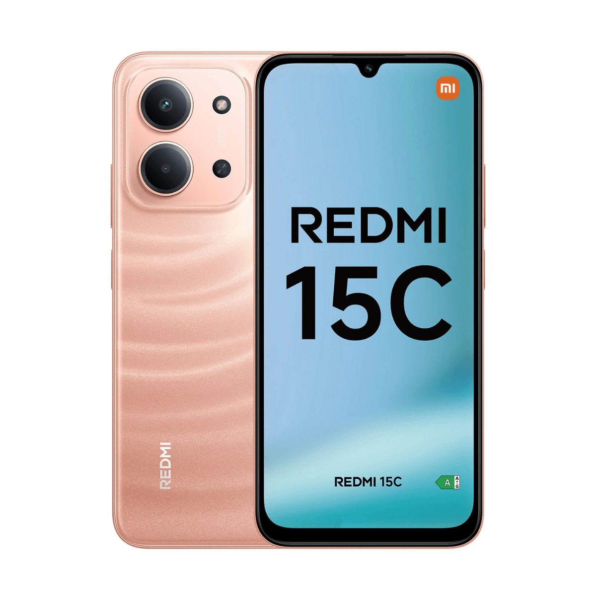 Ein roségoldenes Smartphone mit zwei Kameras auf der Rückseite und dem Schriftzug REDMI 15C.