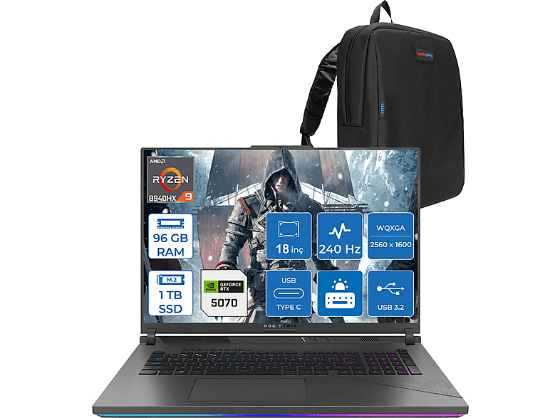 ASUS Rog Strix G18 8GB RTX5070 115W 2.5K 240Hz 3ms WS9046F43 AMD Ryzen 9 8940HX 96 GB RAM 1 TB SSD 18 inç FreeDOS Laptop+Çanta Siyah