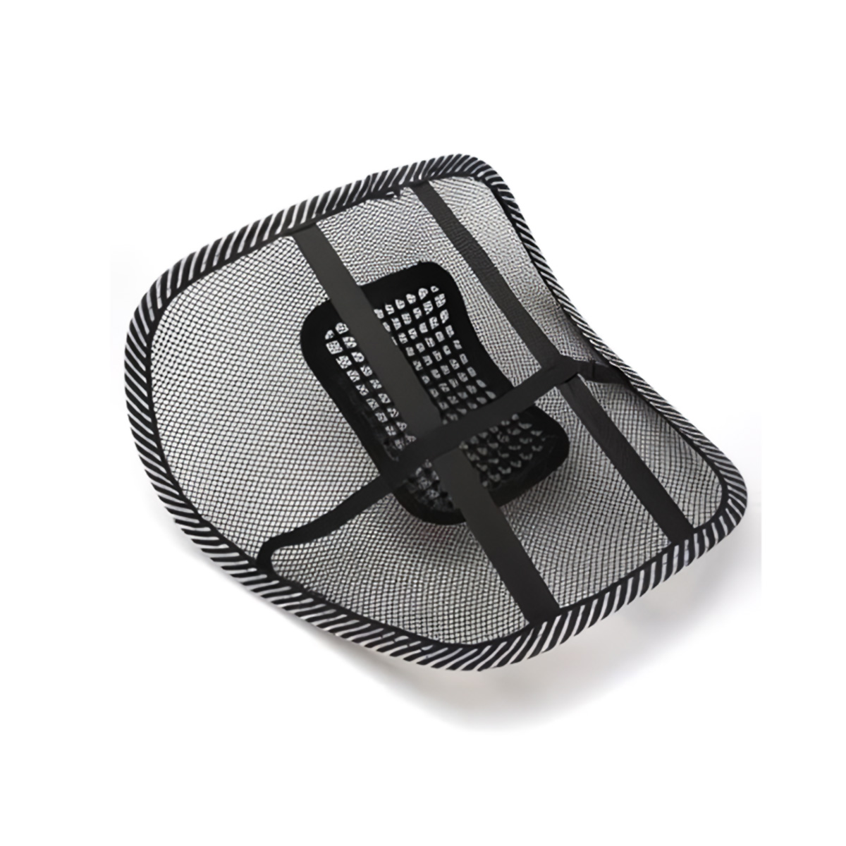 Un soporte lumbar de malla negro para asientos de coche con correas.