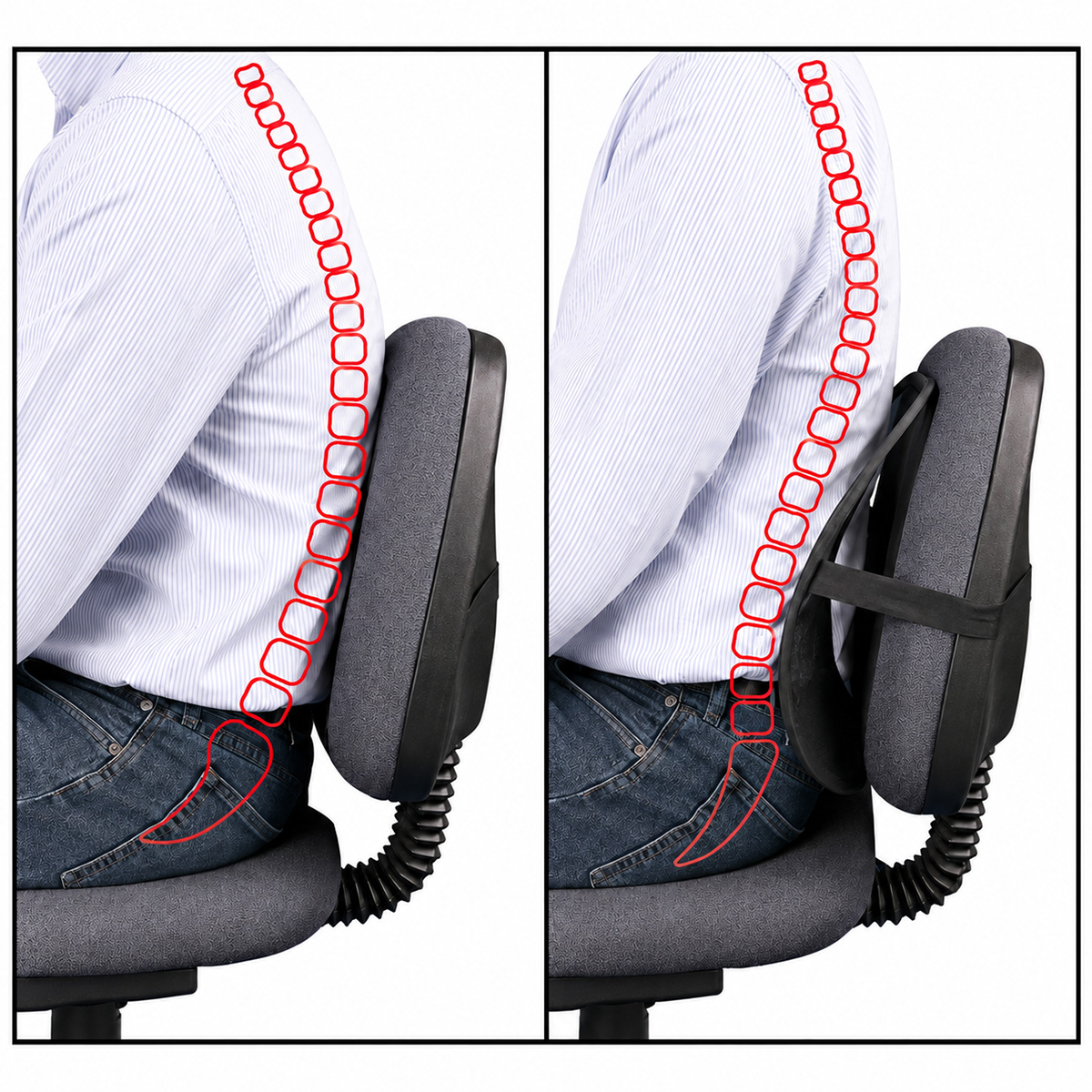 Dos imágenes comparan la postura. Izquierda: mala postura. Derecha: postura con cojín lumbar.