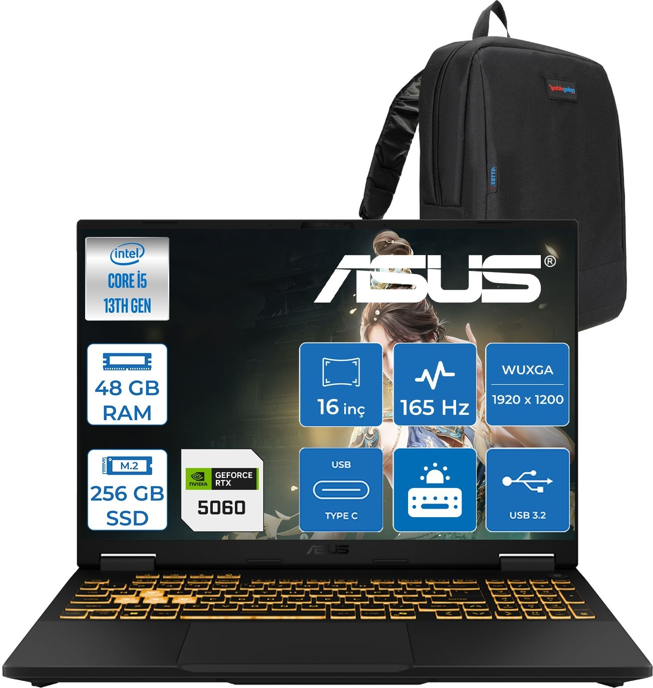 ASUS TUF Gaming F16 FX608JM RTX5060 8GB 165Hz RV073F16 Intel Core i5-13450HX 48 GB RAM 256 GB SSD 16 inç FreeDOS Laptop+Çanta Siyah