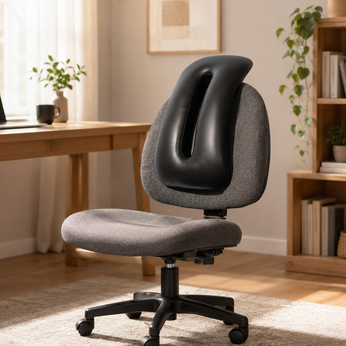 Una silla de oficina gris con reposacabezas negro está sobre una alfombra.