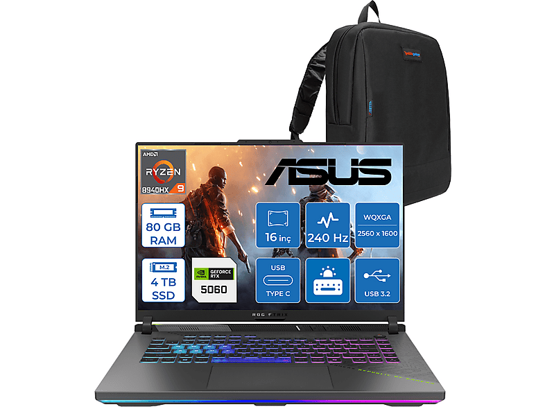 ASUS Rog Strix G16 8GB RTX5060 115W 2.5K 3ms 240Hz 500nits WS5062F39 AMD Ryzen 9 8940HX 80 GB RAM 4 TB SSD 16 inç FreeDOS Laptop+Çanta Siyah