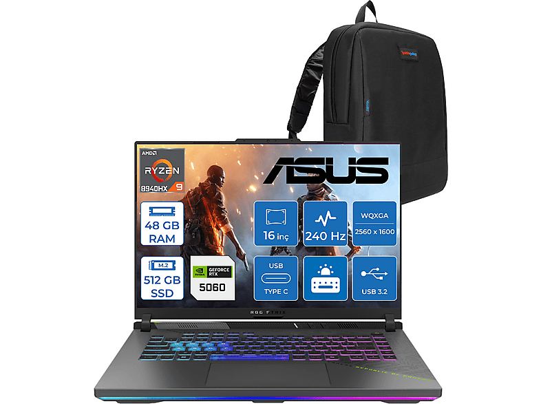 ASUS Rog Strix G16 8GB RTX5060 115W 2.5K 3ms 240Hz WS5062F17 AMD Ryzen 9 8940HX 48 GB RAM 512 GB SSD 16 inç FreeDOS Laptop+Çanta Siyah