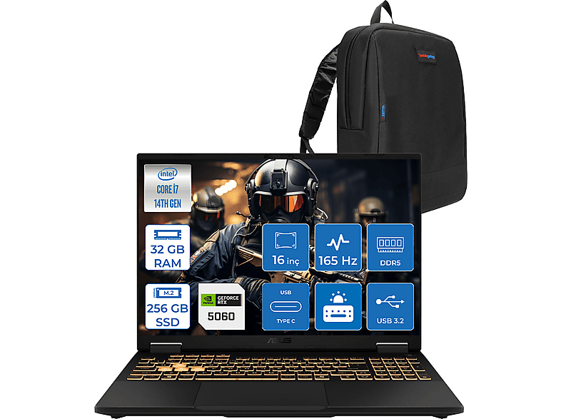 ASUS TUF F16 8GB RTX5060 115W 165Hz WUXGA FHD+ 300nits IPS WRV077F06 Intel Core i7-14650HX 32 GB RAM 256 GB SSD 16 inç FreeDOS Laptop+Çanta Siyah