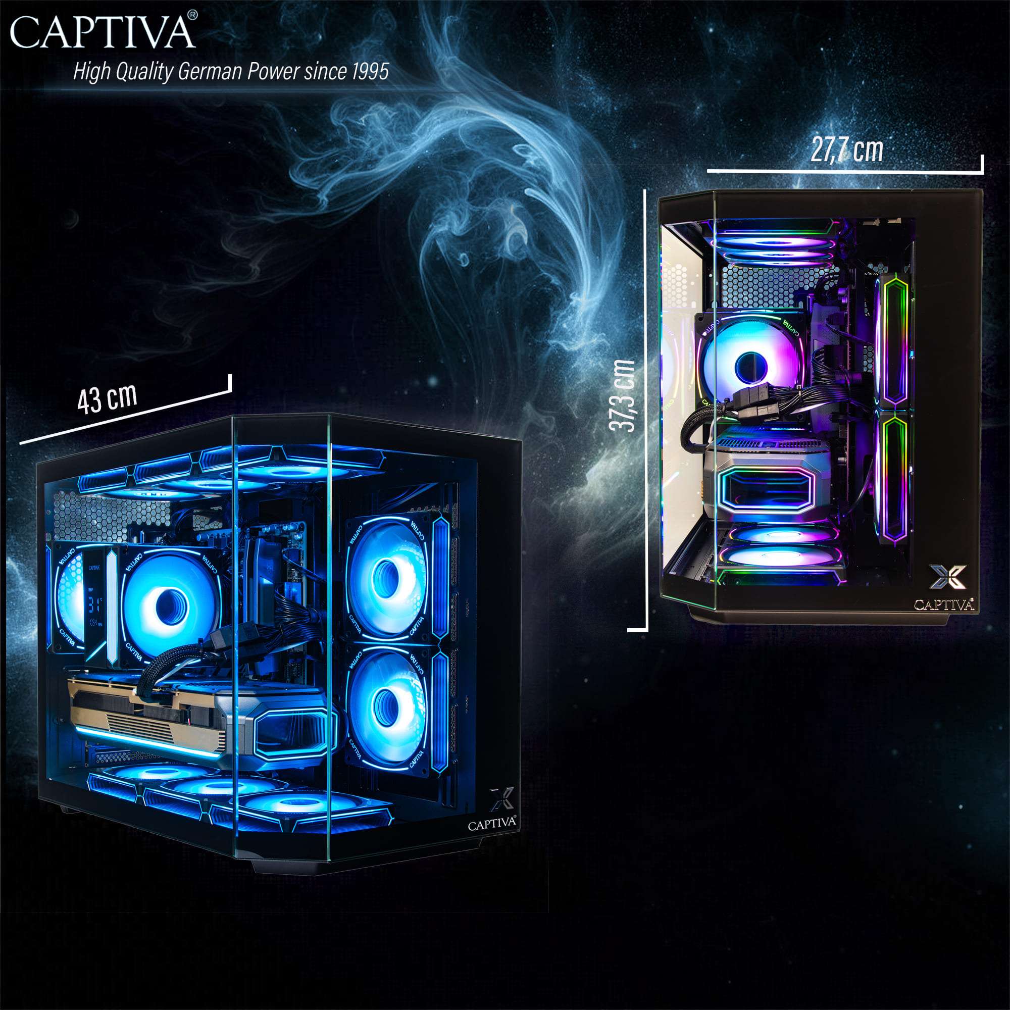 Dwa podświetlone wieże komputerowe z wentylatorami RGB i wymiarami.