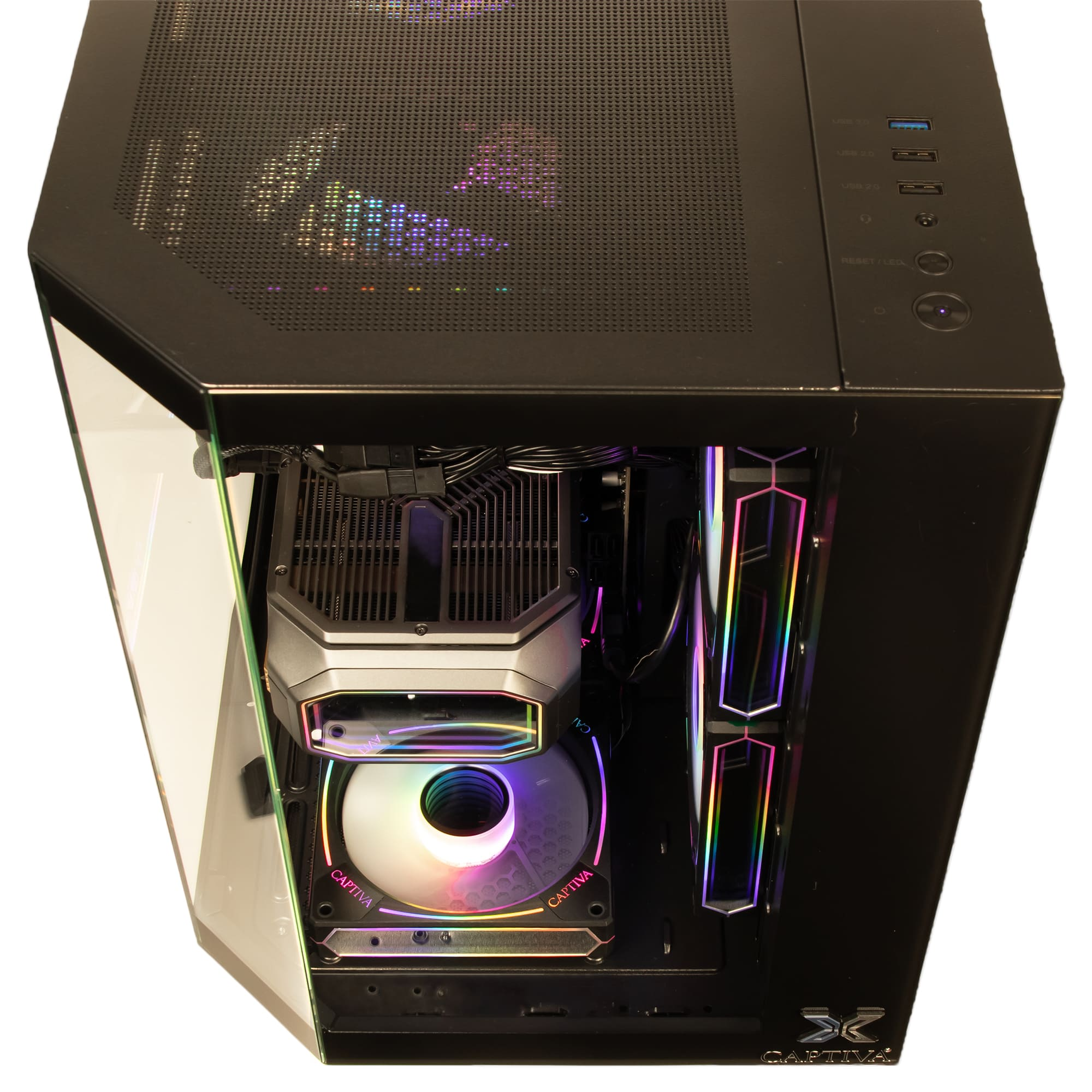 Czarna obudowa komputera z szklanym oknem i oświetleniem RGB.