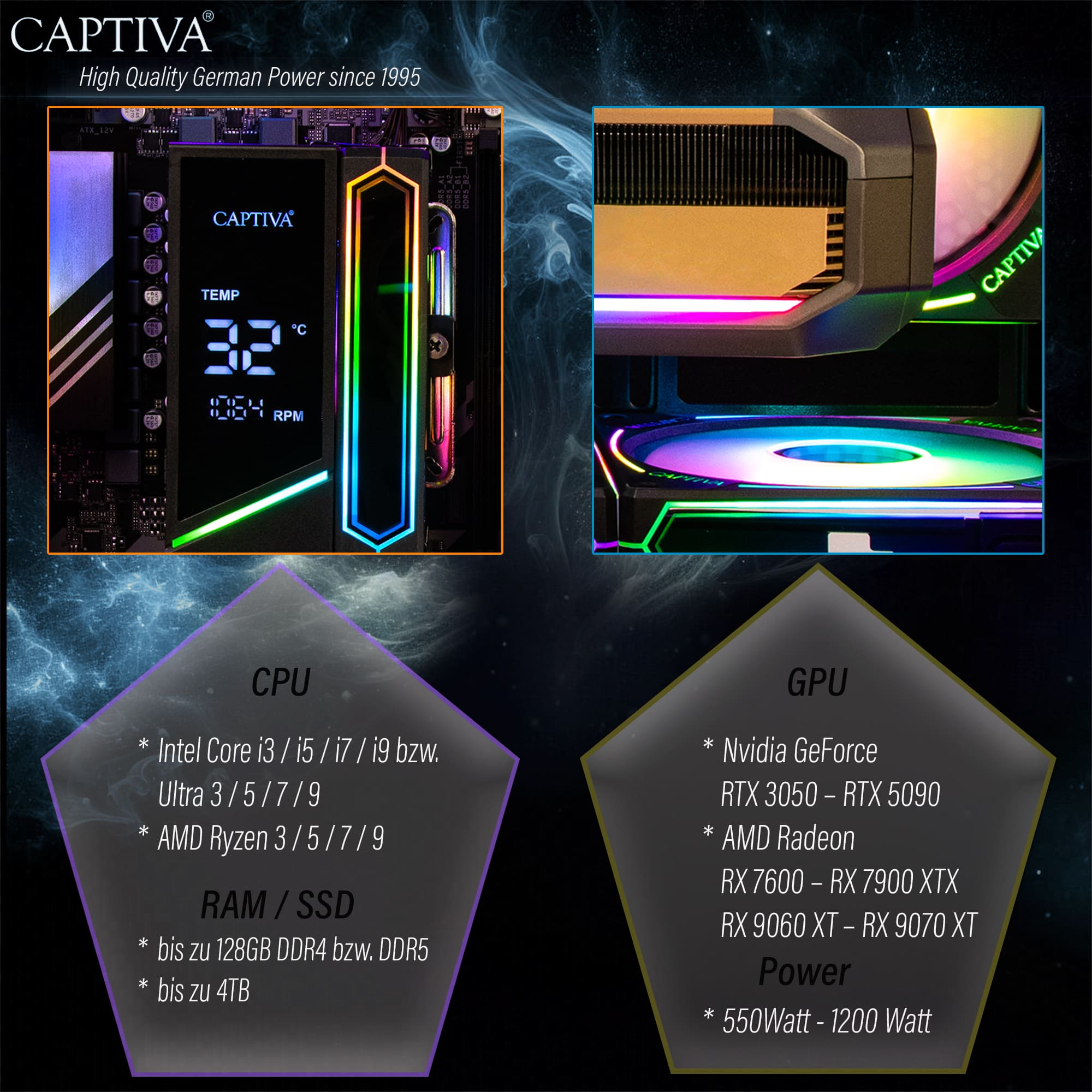 Komponenty PC Captiva z oświetleniem RGB: specyfikacje CPU, GPU, RAM/SSD.