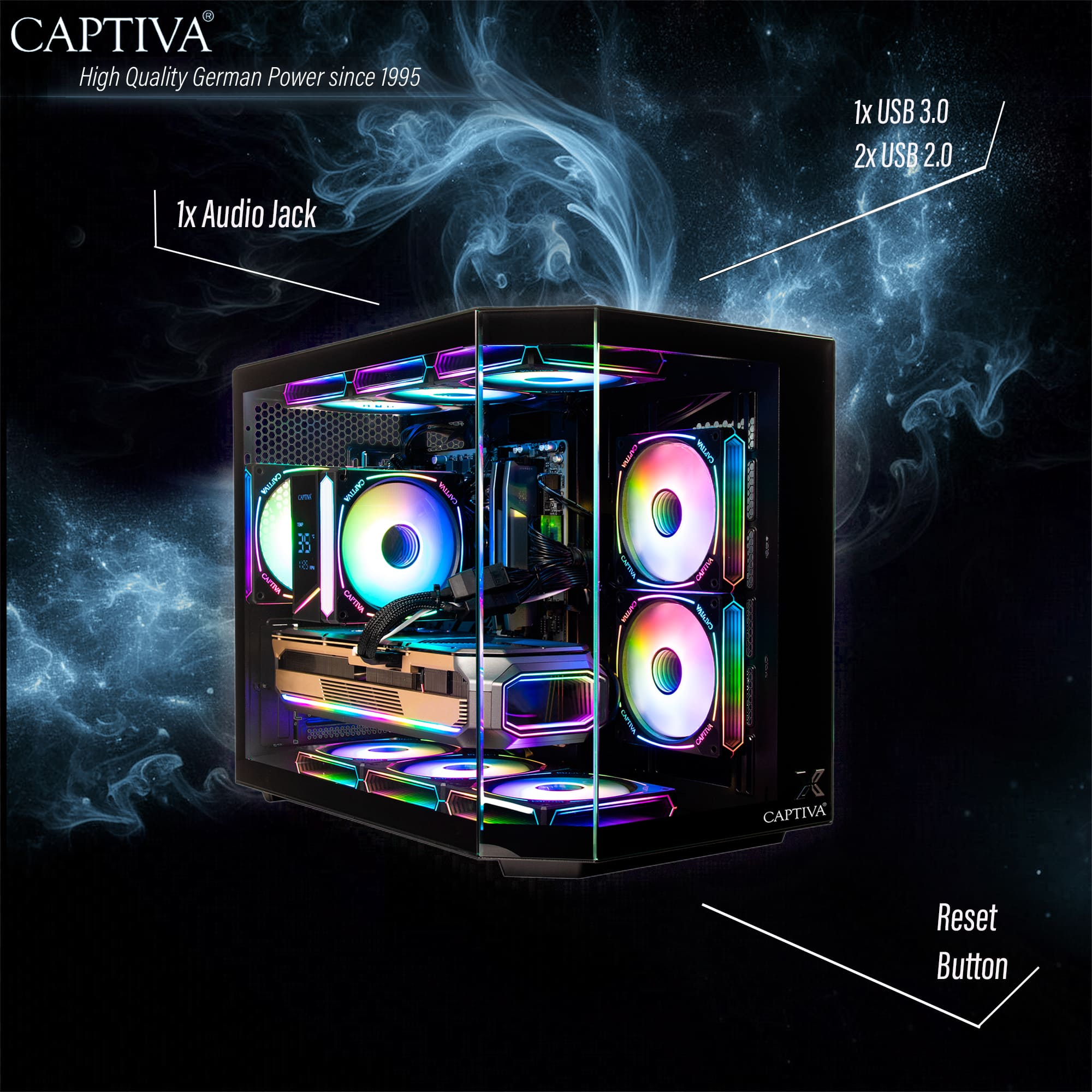 Un case per PC con illuminazione RGB, ventole e porte.