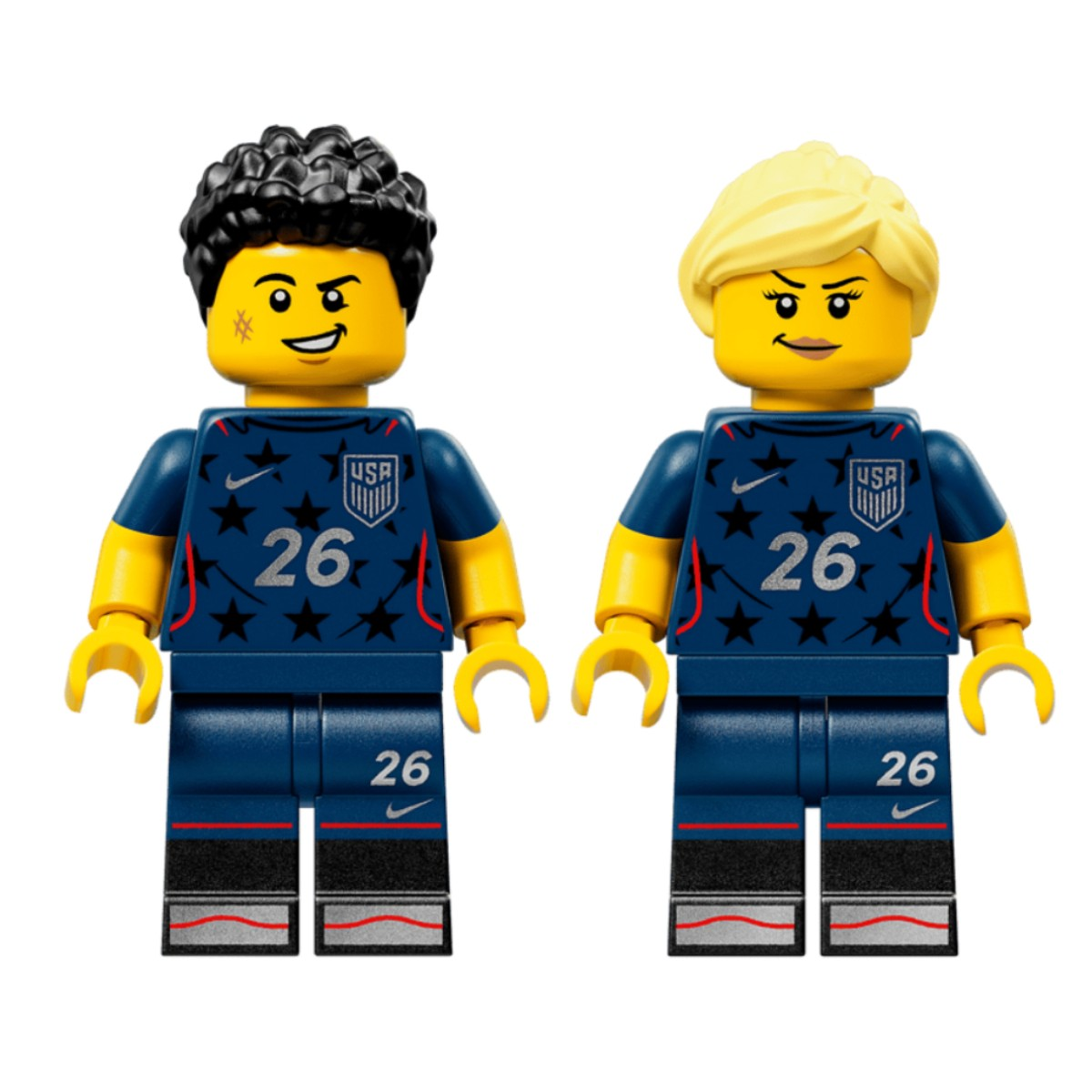 Due minifigure Lego in maglie blu USA con stelle e numero 26.