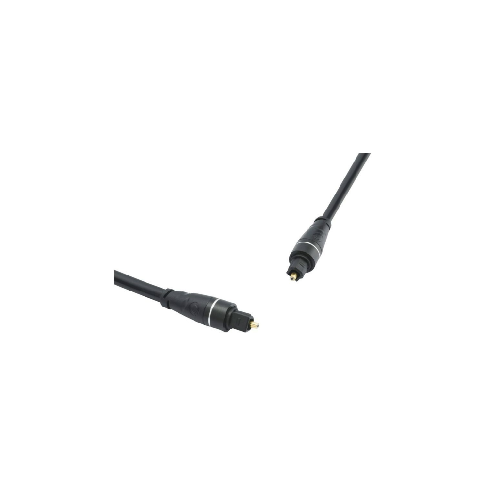 Een zwarte optische audiokabel met twee Toslink-connectoren op witte achtergrond.