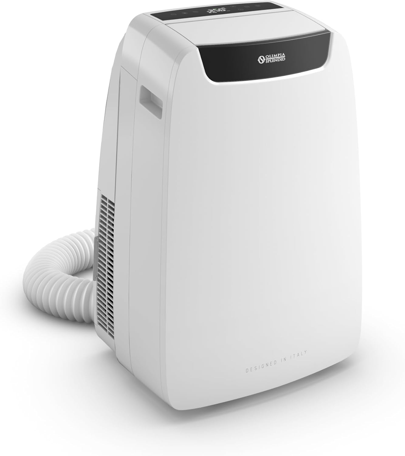 Un deumidificatore condizionatore portatile bianco con tubo.