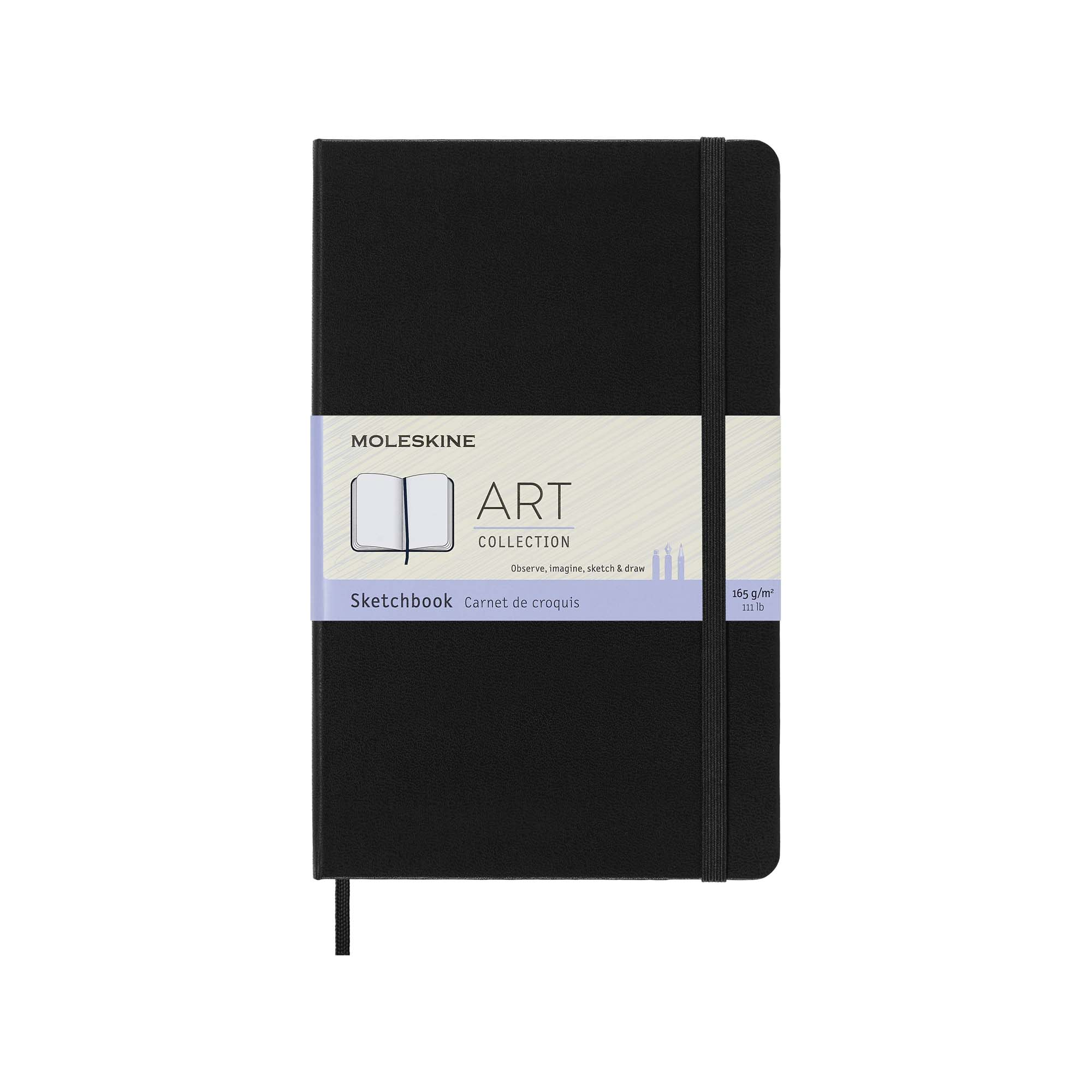 Schwarzes Moleskine Skizzenbuch mit Band und Umschlag.