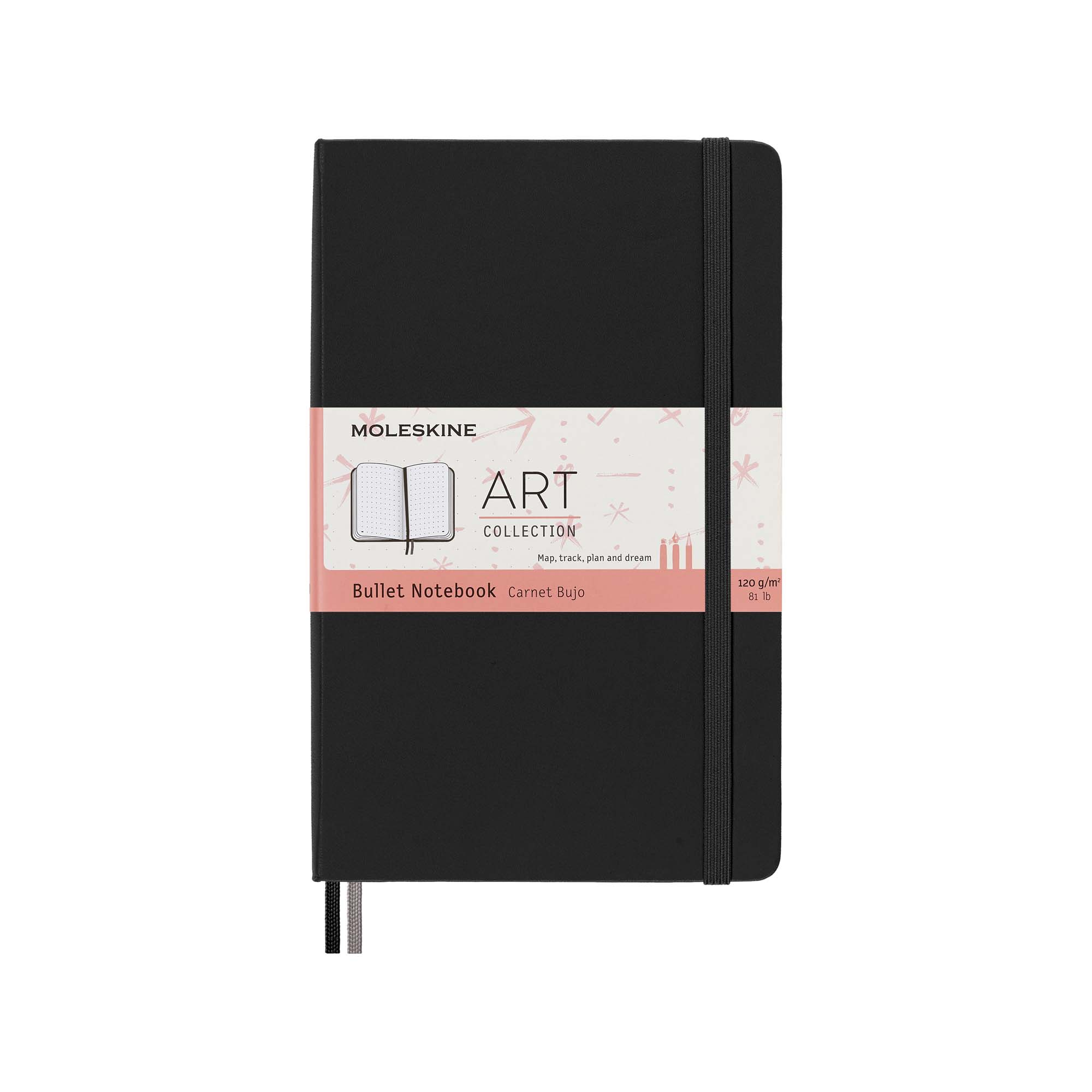 Czarne notatnik Moleskine z nadrukiem "Art Collection" i gumką.
