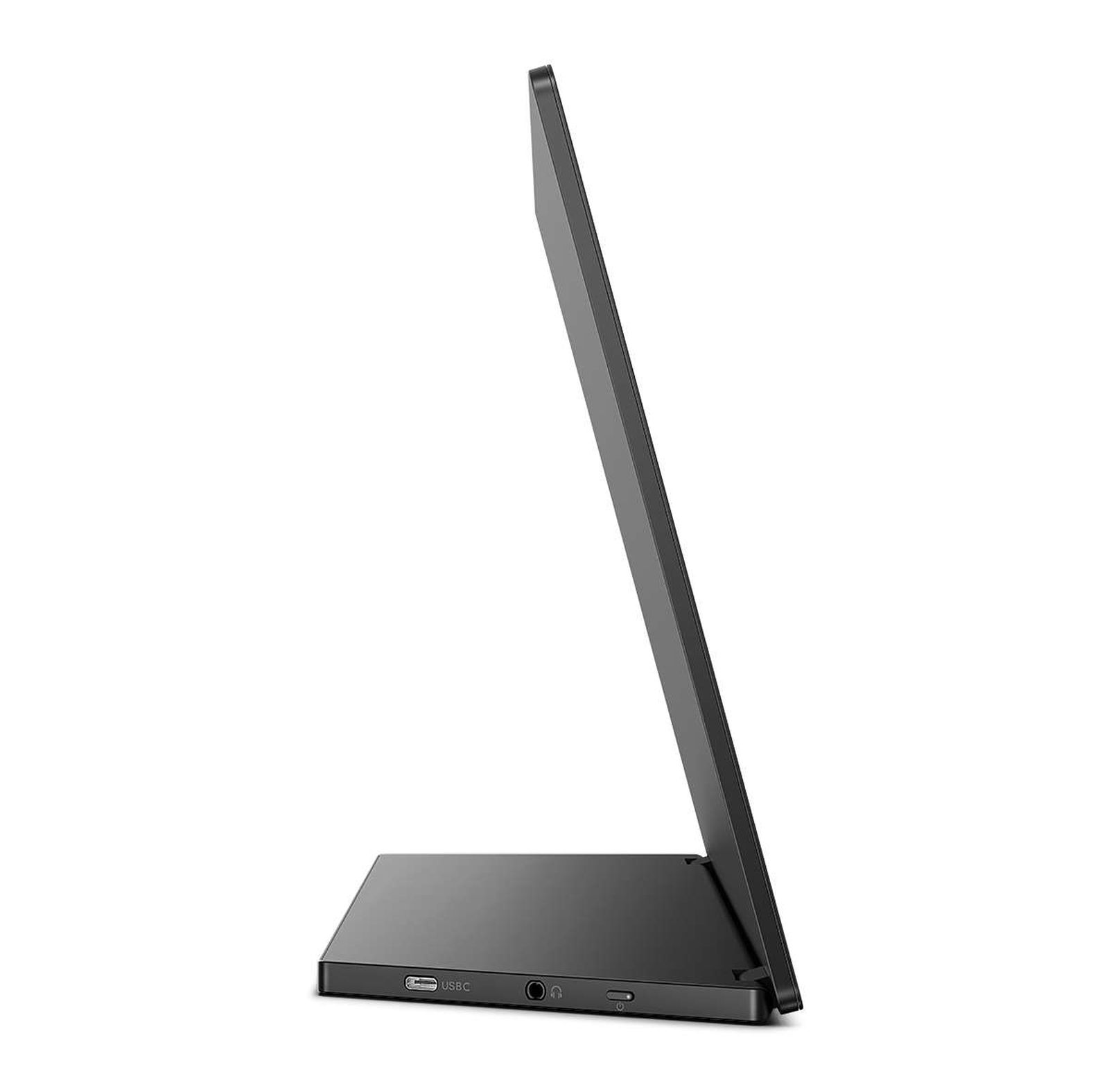 Schwarzer, tragbarer Monitor im Profil mit USB-C- und Kopfhöreranschluss.