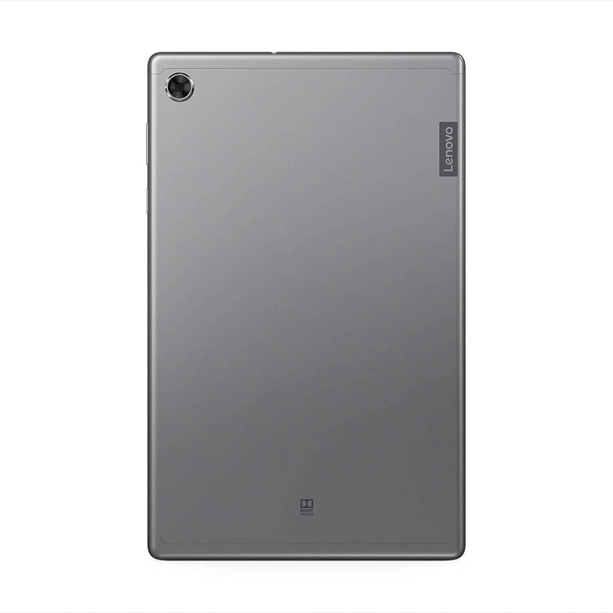 Retro di un tablet Lenovo grigio con obiettivo fotocamera in alto a sinistra e logo Dolby Atmos in basso.