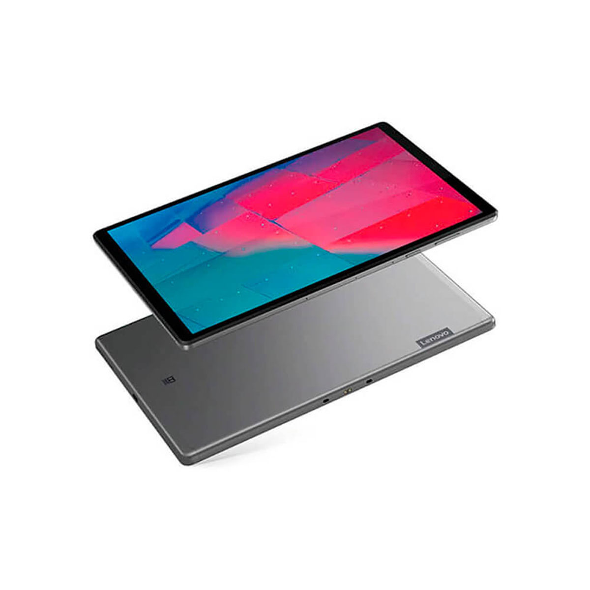 Un tablet Lenovo grigio con sfondo blu e rosa sullo schermo.