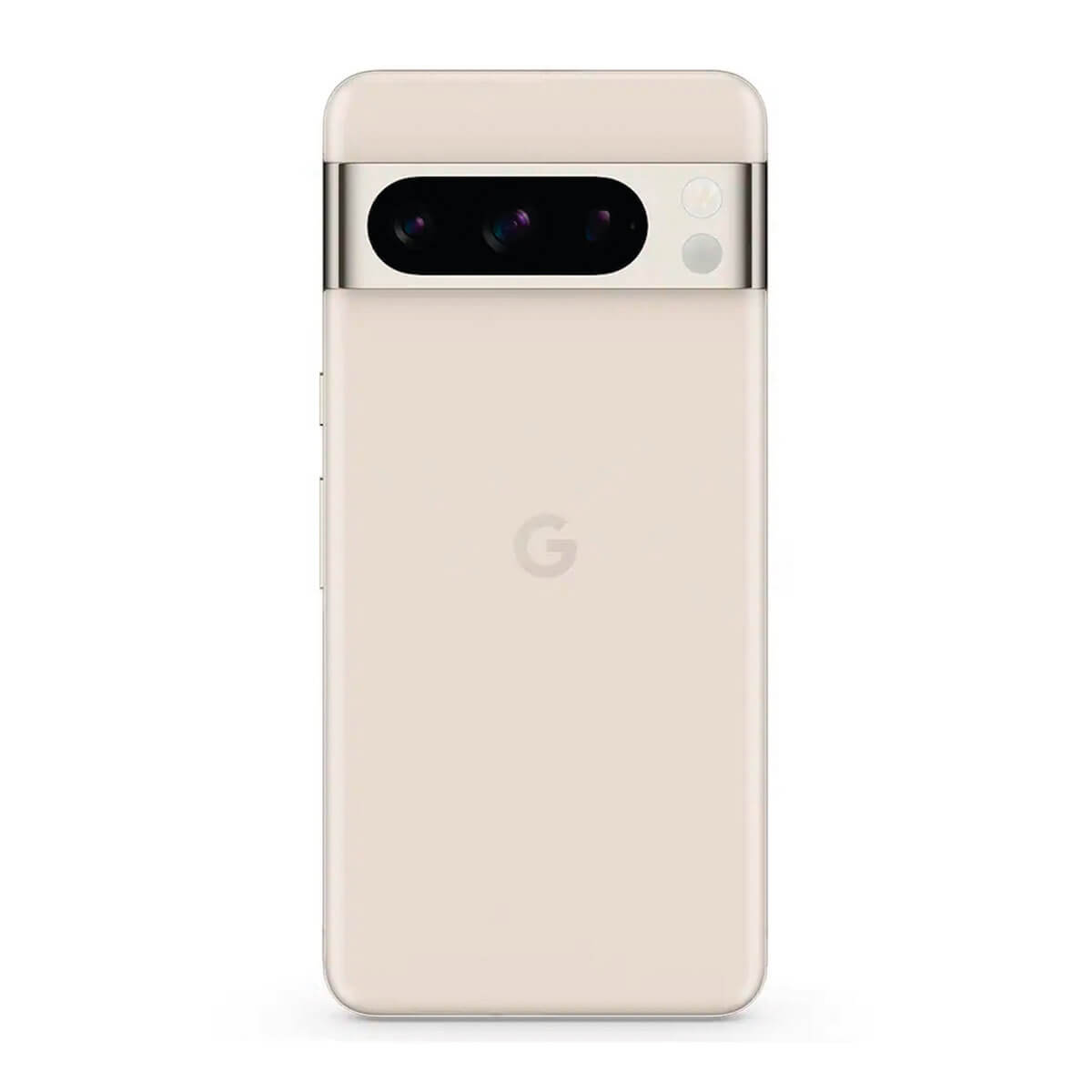 Rückseite eines beigen Google Pixel 7 Pro mit drei Kameras und einem Google G-Logo.