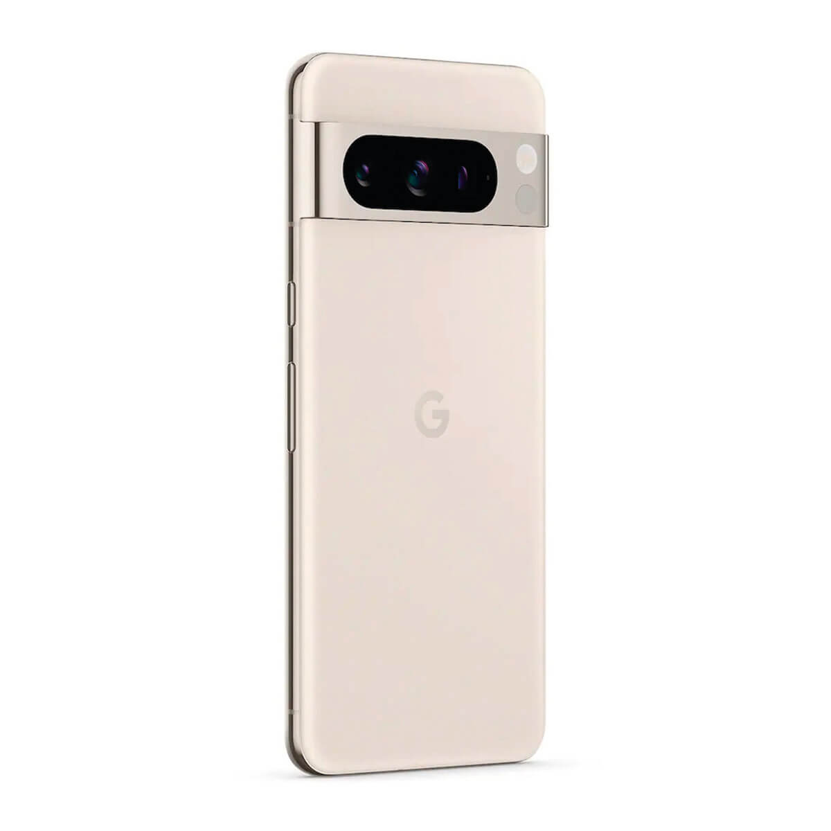 Ein helles Google Pixel-Telefon mit drei Kameras auf der Rückseite.