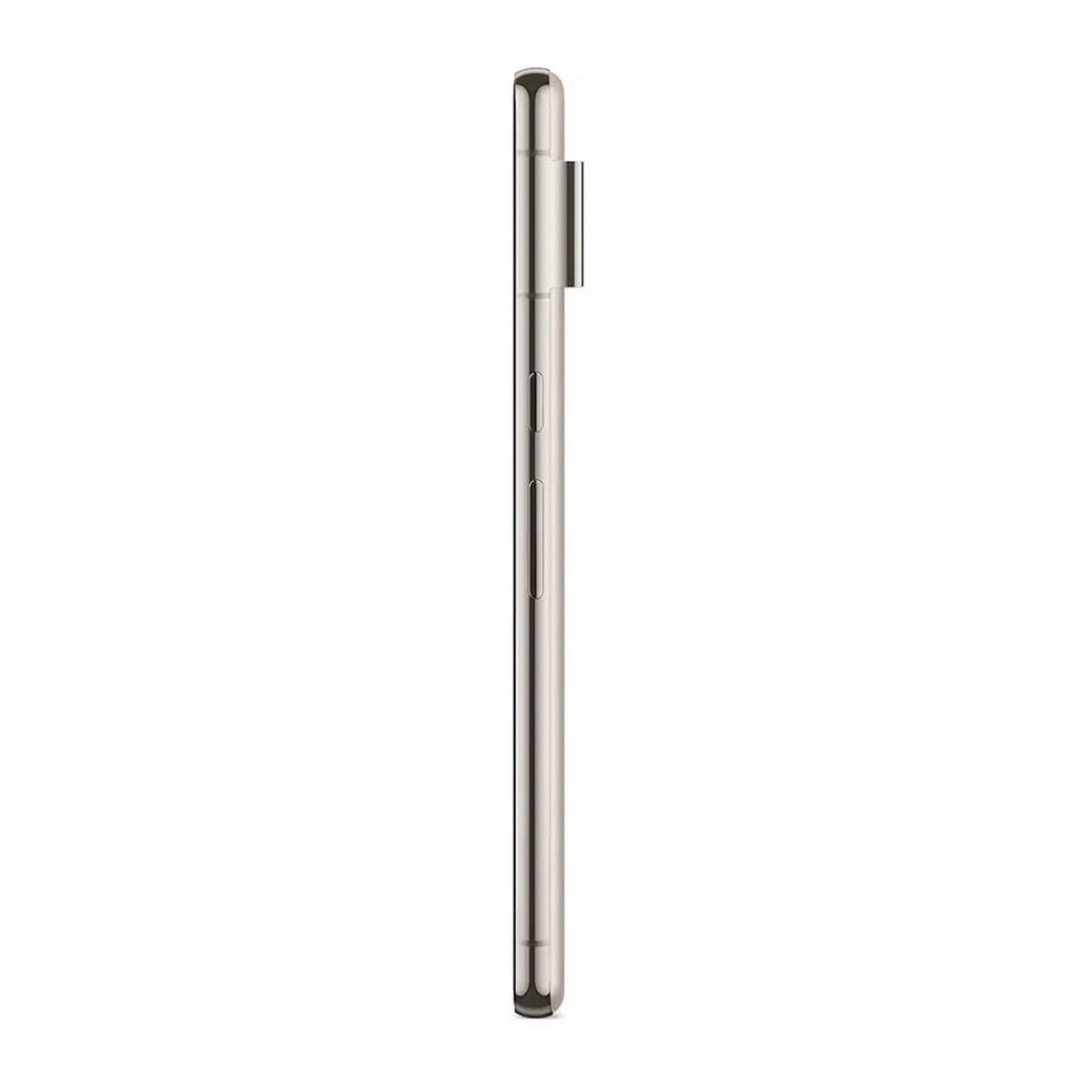 Silbernes Smartphone von der Seite mit Kameralinse auf der Oberseite.