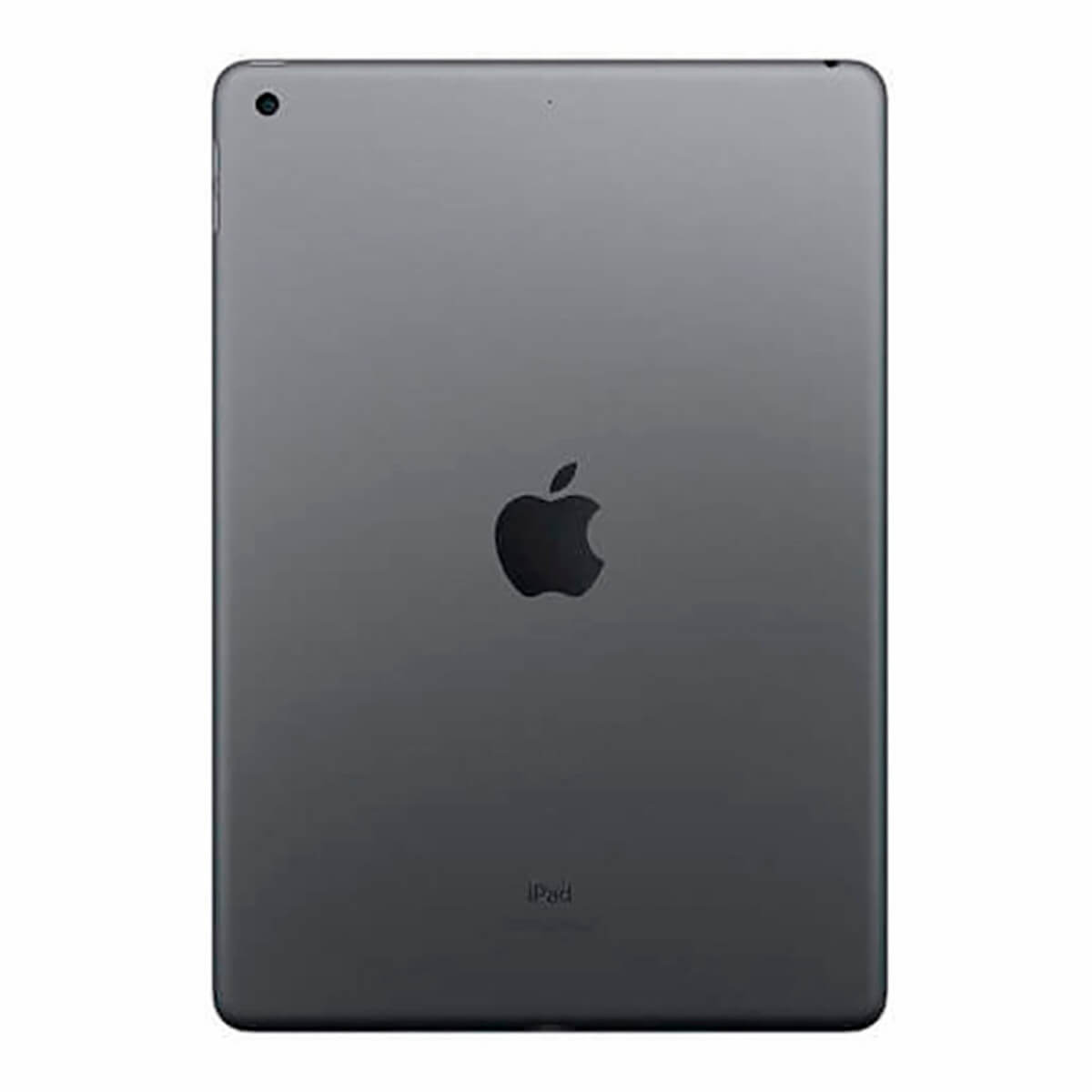 Vista trasera de un iPad Apple gris oscuro con el logo en el centro y el texto 'iPad'.