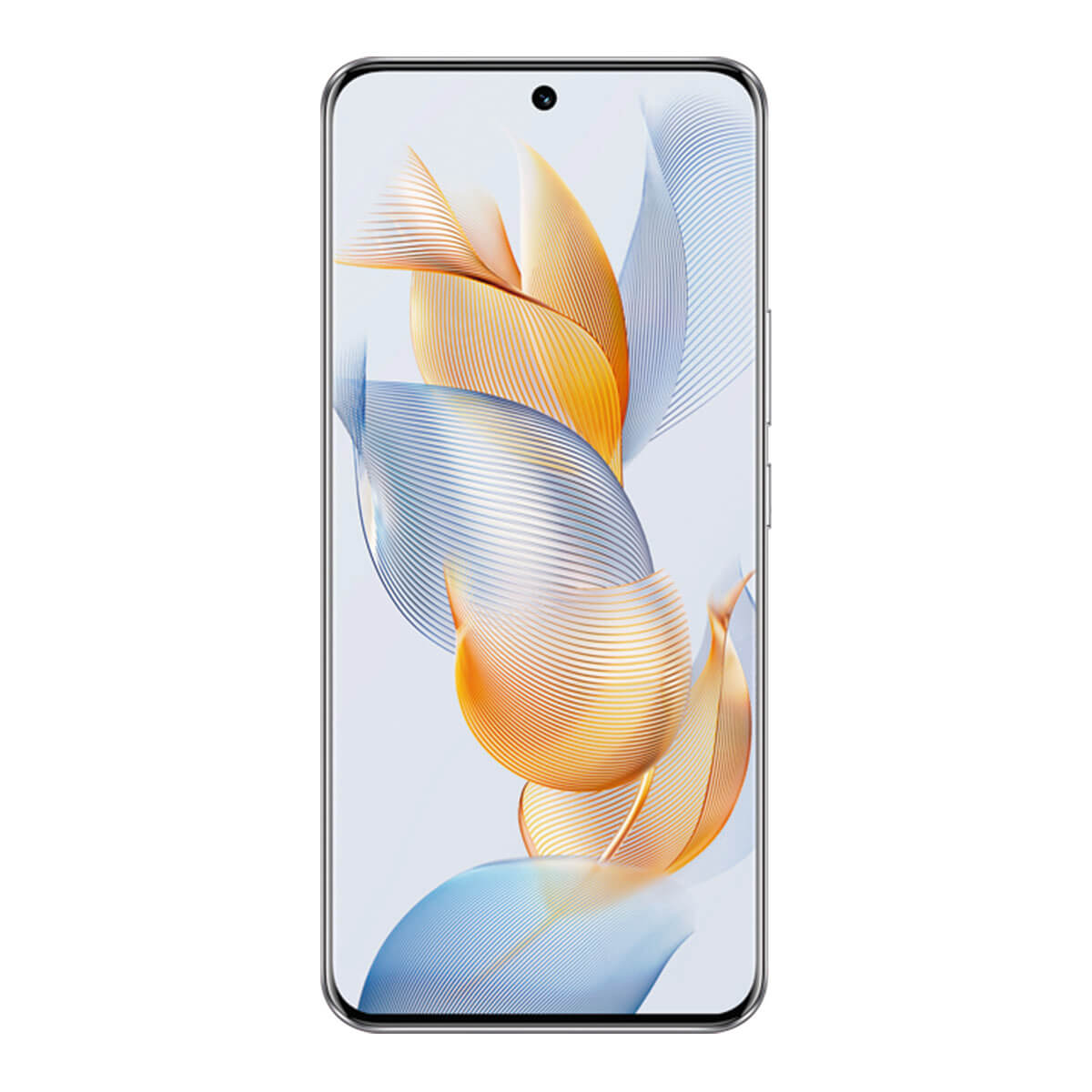 Smartfon z abstrakcyjną, płynną tapetą w odcieniach pomarańczu i błękitu.