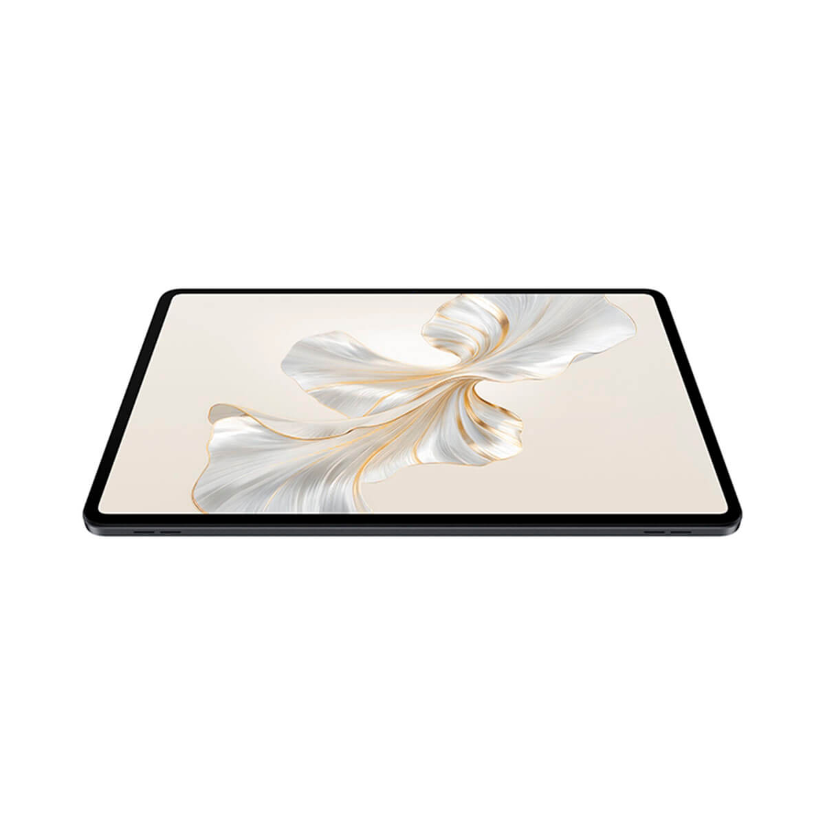 Ein schwarzes Tablet mit einem abstrakten, cremefarbenen und goldenen Muster auf dem Bildschirm.