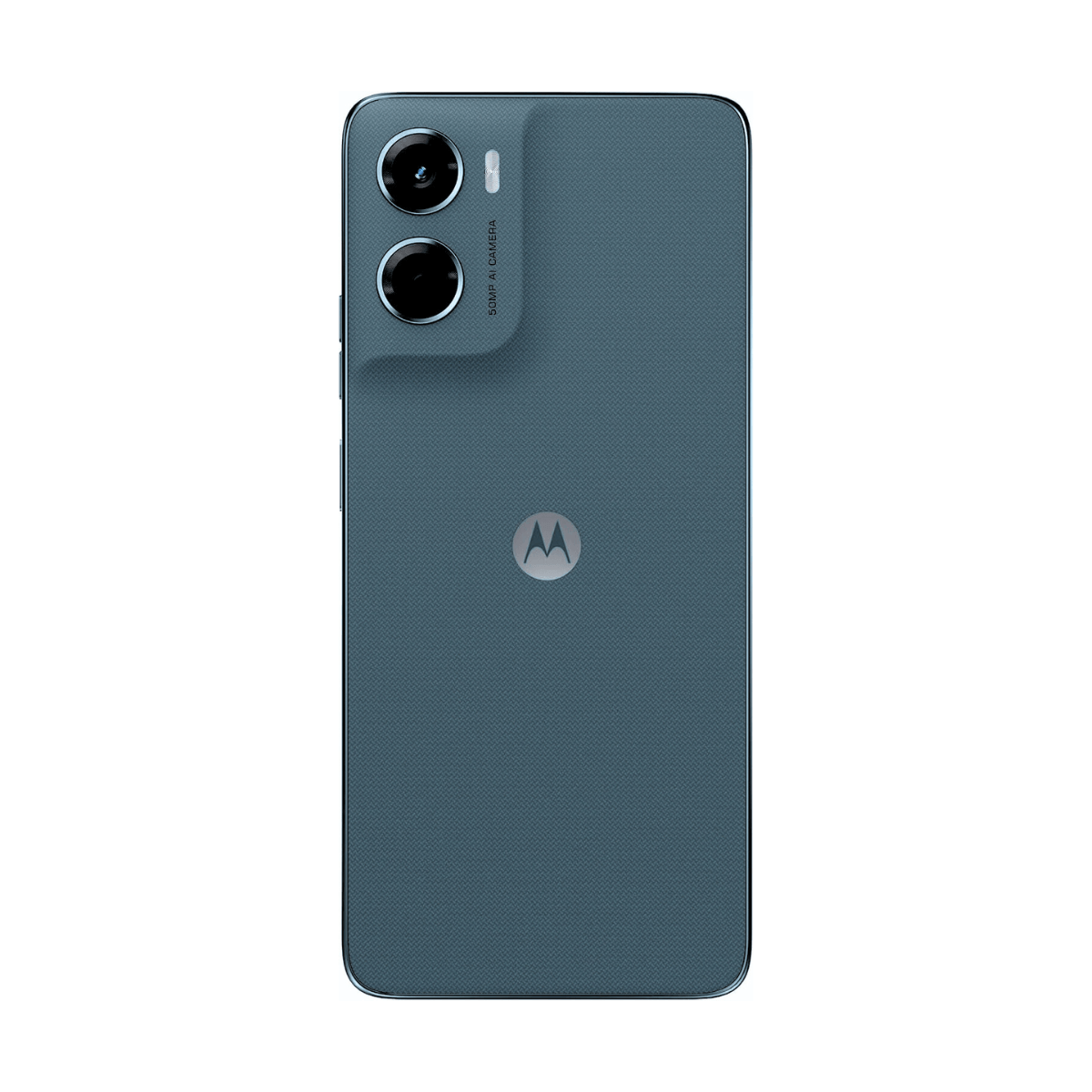 Rückseite eines blauen Motorola-Handys mit zwei Kameras und Motorola-Logo.