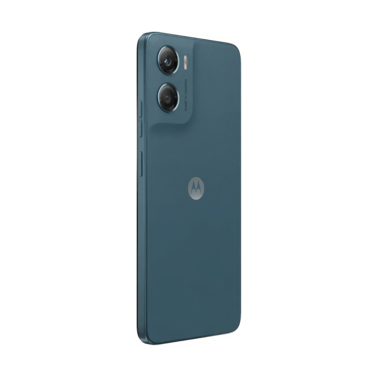 Rückseite eines blauen Motorola-Smartphones mit zwei Kameras und einem Logo.