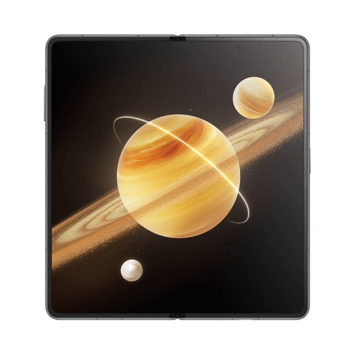 An unfolded smartphone displays a space background with planets and rings.