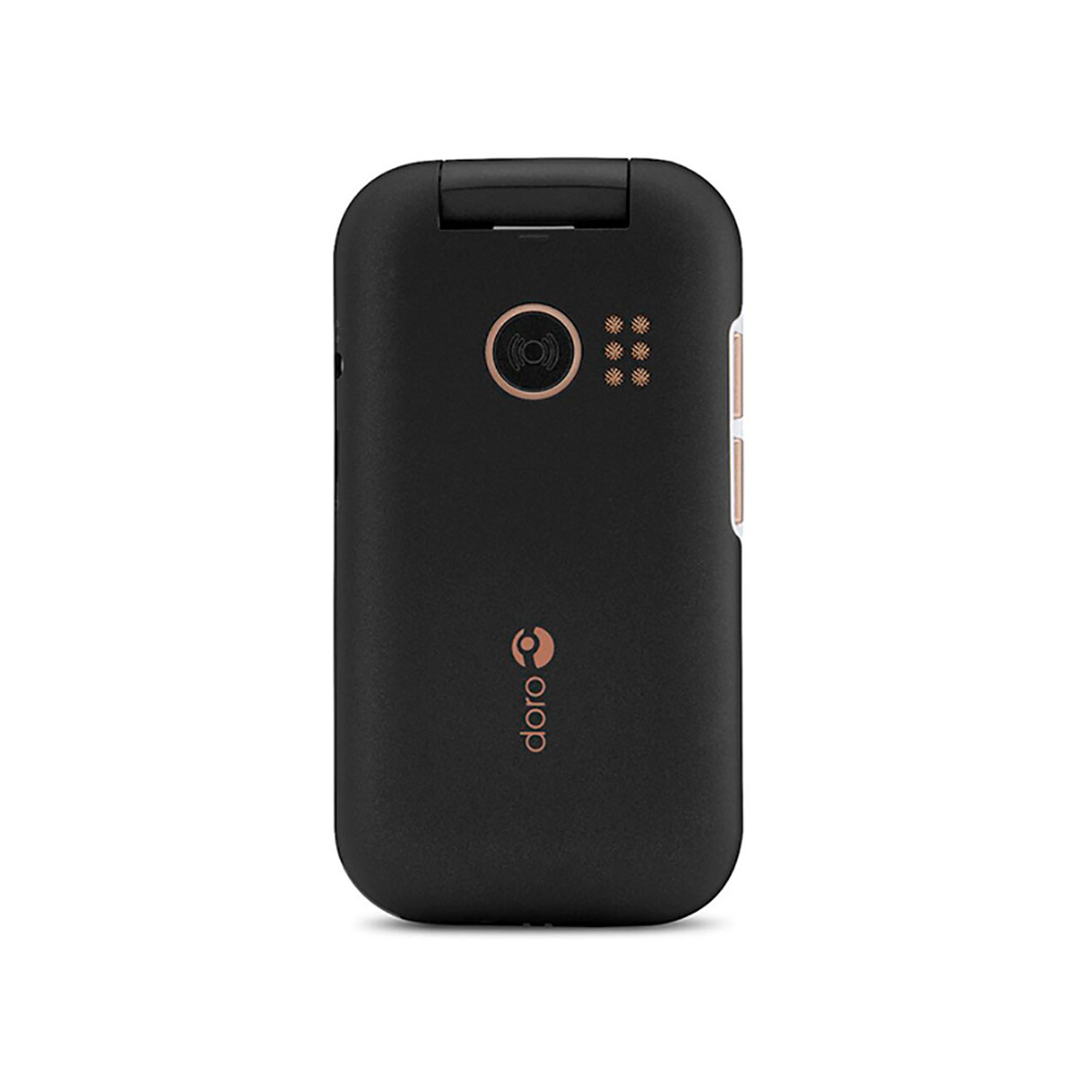 Teléfono plegable negro con cámara, logo Doro e indicadores de carga.