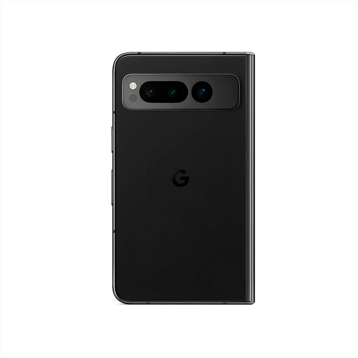 Een zwarte Google Pixel Fold smartphone met camerabalk en Google-logo.