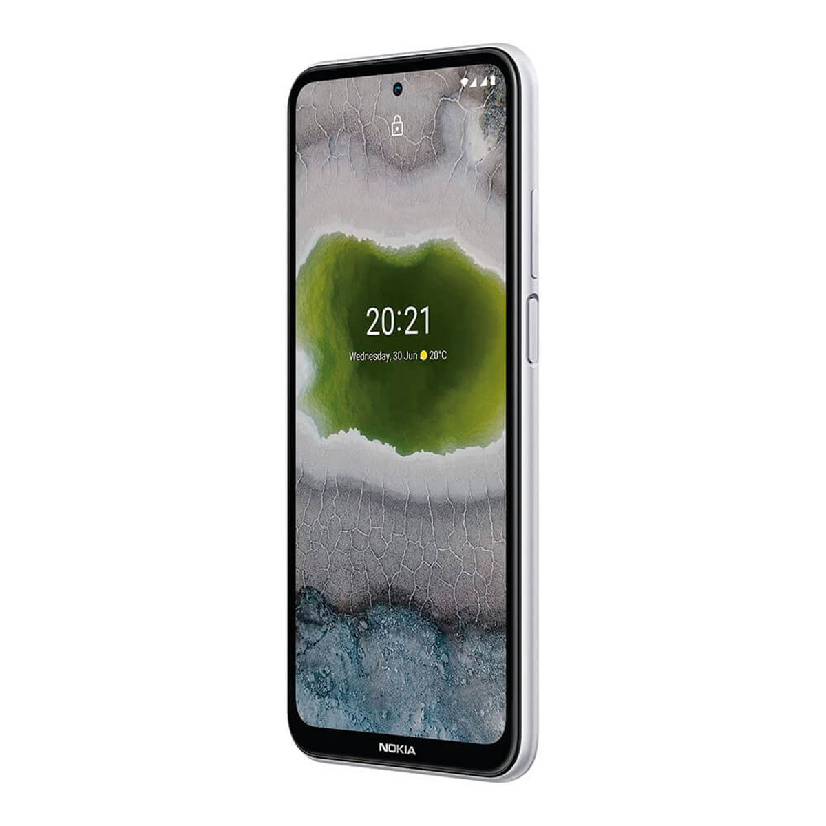 Een zilveren Nokia smartphone met een vergrendeld scherm waarop 20:21 wordt weergegeven.