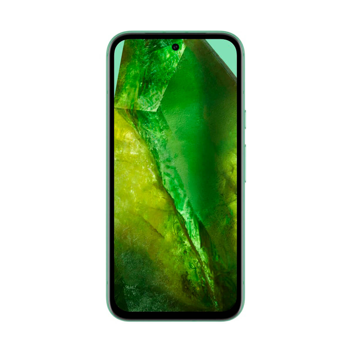 Een lichtgroene smartphone met een gedetailleerde groene kristal-achtergrond.