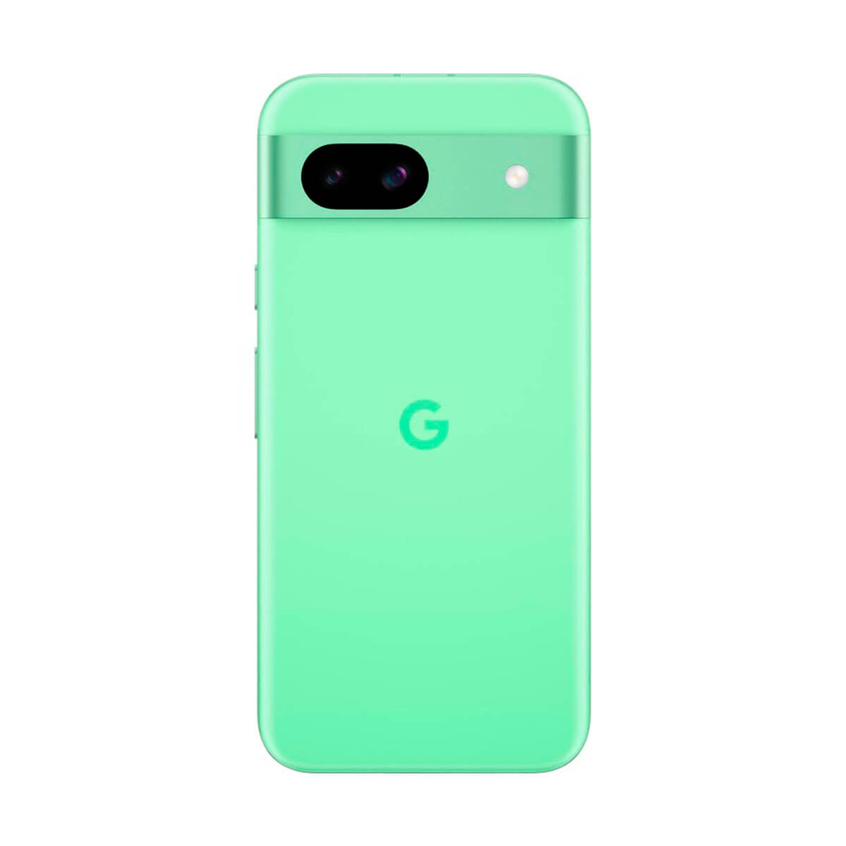 Een lichtgroene Google Pixel smartphone met twee camera's en een G-logo.