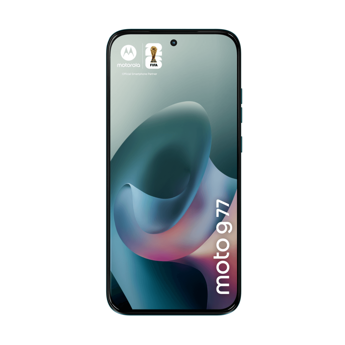 Een Motorola Moto G 77 smartphone met FIFA-logo, op een witte achtergrond.