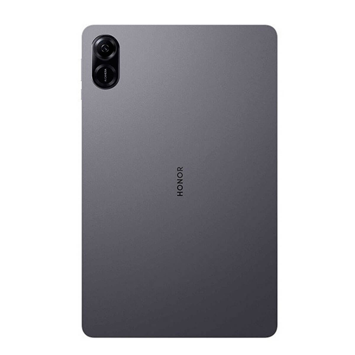 Achterkant van een donkergrijze Honor-tablet met dubbele camera's aan de achterzijde en het Honor-logo.