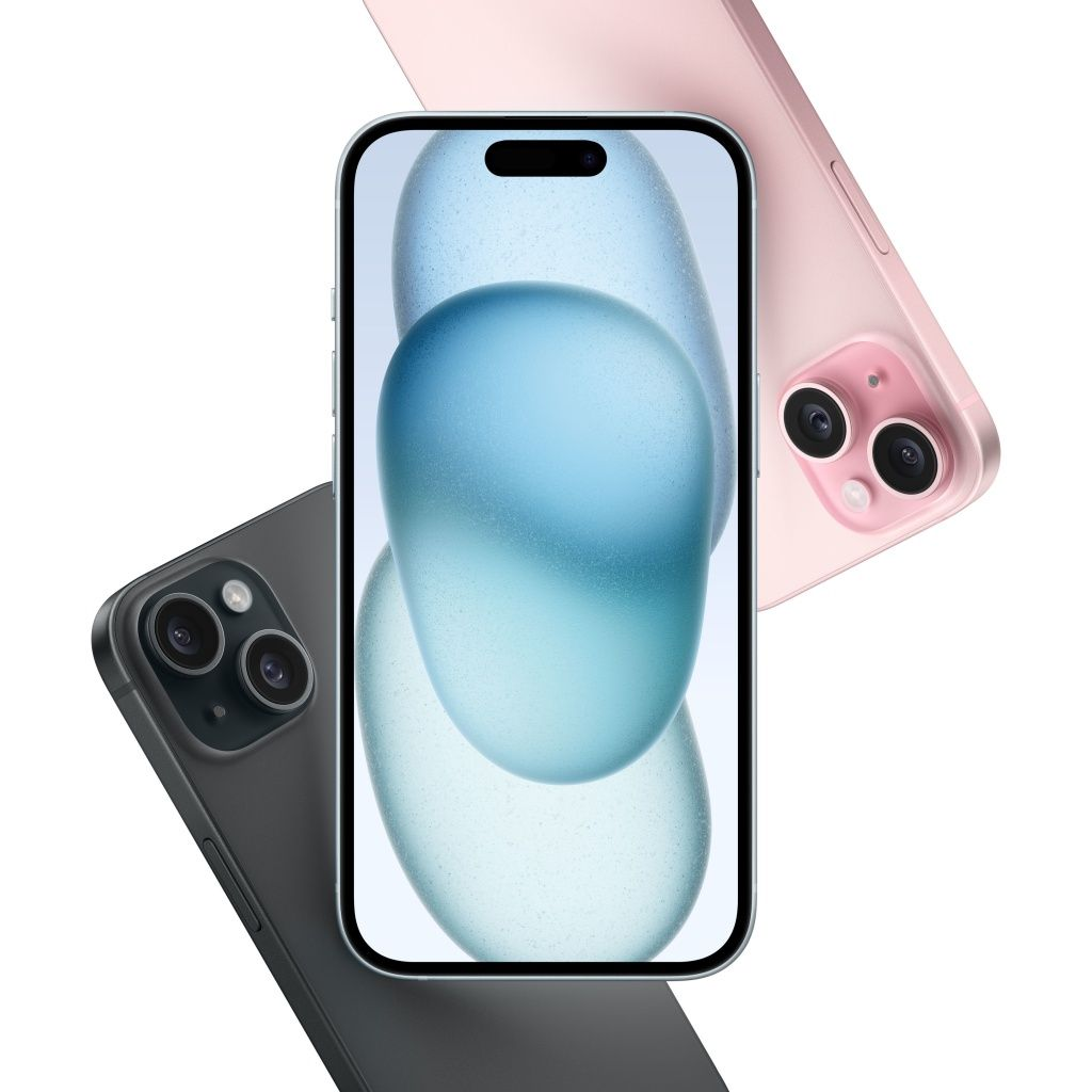 Trzy iPhone'y, jeden szary, jeden różowy, jeden z ekranem. Białe tło.