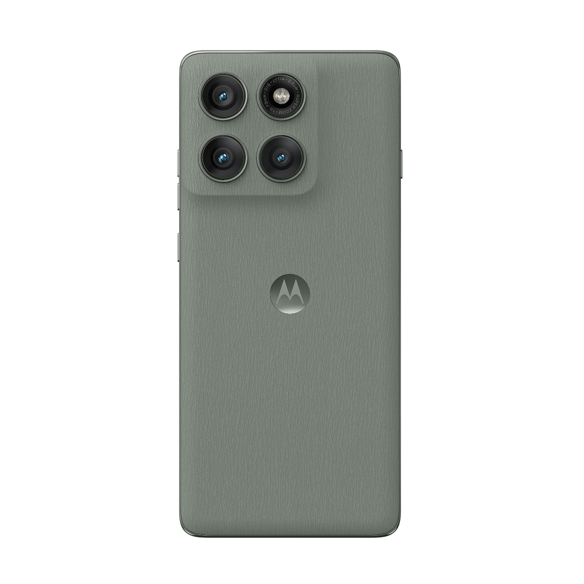 Rear view of a grey smartphone with four cameras and a Motorola logo.
