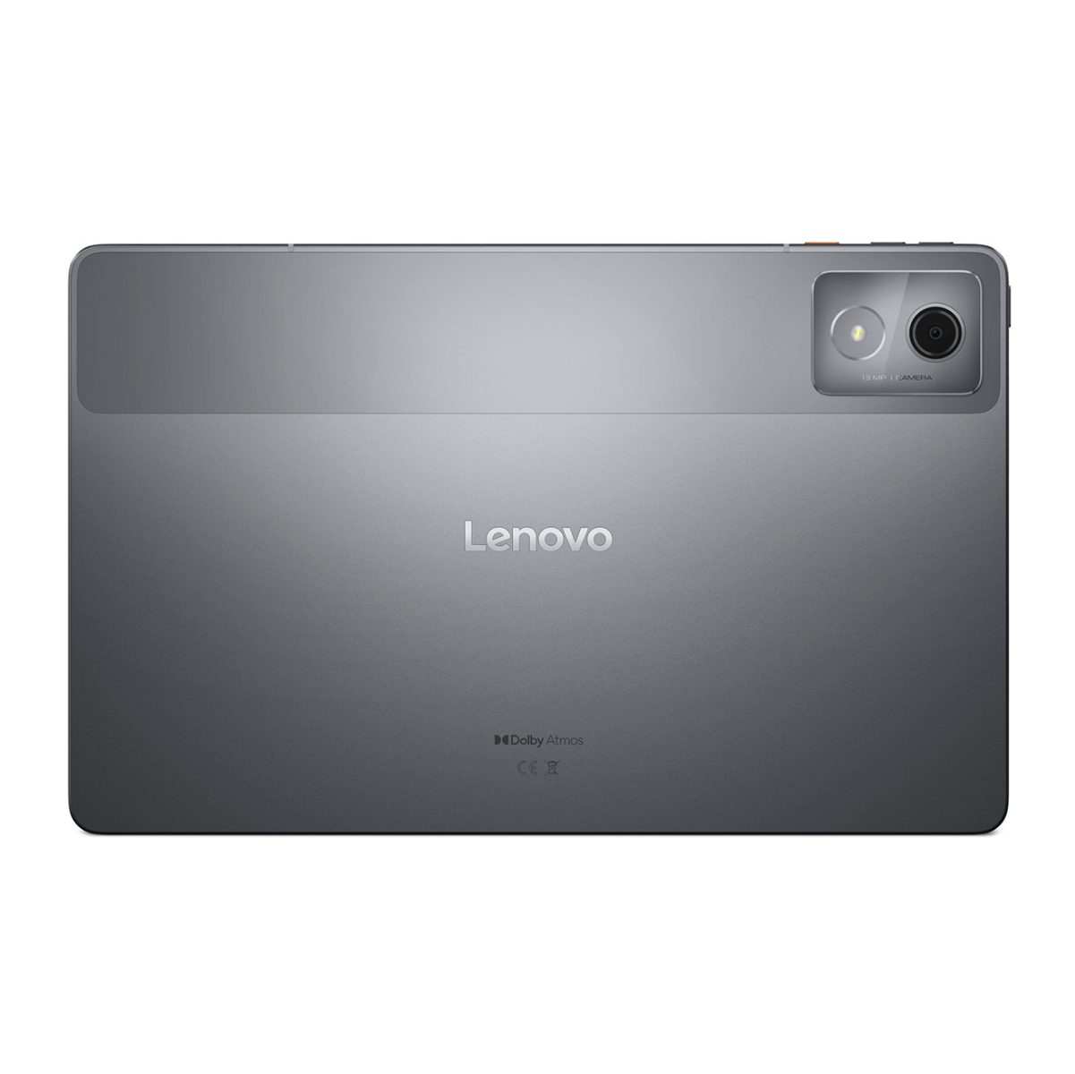 Arrière d'une tablette Lenovo grise avec appareil photo 13 MP et logo Dolby Atmos.